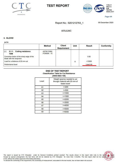 Test report showing cut resistance level A9 for heavy duty stainless steel chainmail gloves, dated December 2020.