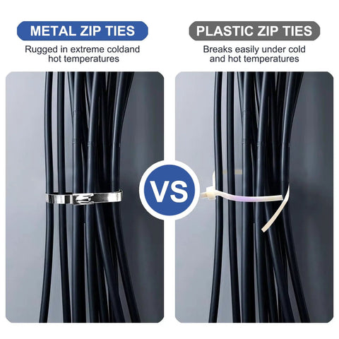 Comparison of metal and plastic ties; part of Heavy Duty Stainless Zip Tie Gun Kit With 100 Self Locking Cable Ties.