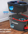 RinseClean Spin Mop And Bucket System For Clean Water Mopping Lets You Clean With Clean Water From Start To Finish, showing dual tanks.