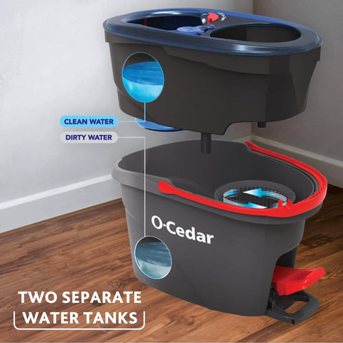 RinseClean Spin Mop And Bucket System For Clean Water Mopping Lets You Clean With Clean Water From Start To Finish, showing dual tanks.