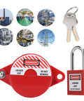 Heavy Duty Valve Lockout Safety Padlock For Home Gas And Water Meters With Adjustable Handwheel Fit, red lock and keys displayed.