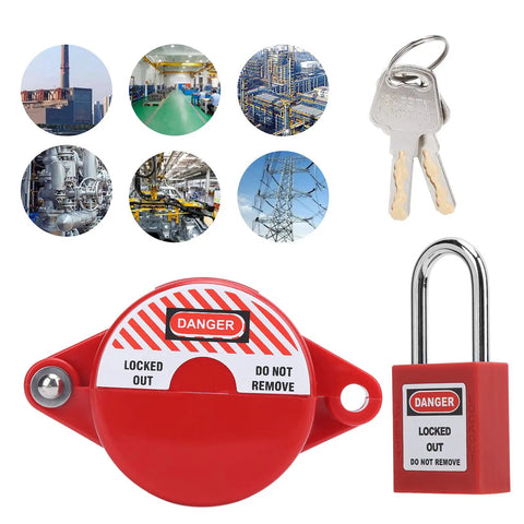Heavy Duty Valve Lockout Safety Padlock For Home Gas And Water Meters With Adjustable Handwheel Fit, red lock and keys displayed.