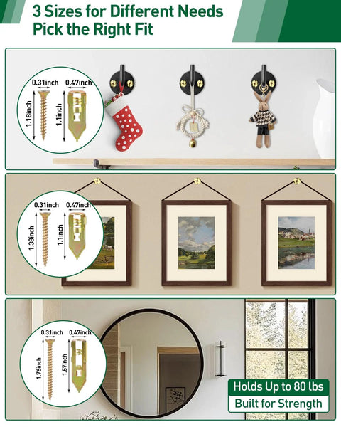 Self Drilling Drywall Anchors Kit With Expansion Screws In Three Sizes Zinc Plated Steel No Drill Required shown holding decor and frames