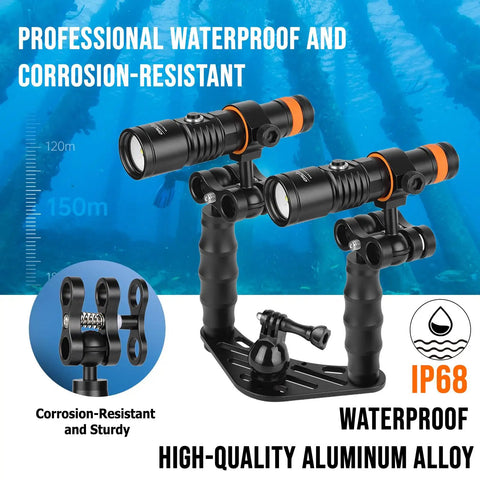 D710V Mk2 Dual Underwater Video Light Kit With 4600 Lumens Two 2300 Lumen Lights on H02 Tray, IP68 waterproof aluminum setup