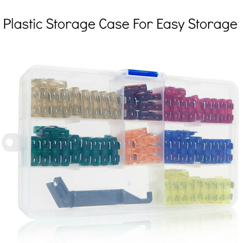 120 Assorted ATC Fuses With 10 Inline Fuse Holders And Fuse Puller Tool in storage case, 12V wiring kit for vehicles.