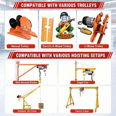 Heavy Duty CelyToe Electric Wire Rope Hoist With Dual Wireless And Wired Control Remote Auto Lock Brake Safety Switch For Light Cargo Lifting Tasks 20 Meters Cable shown with various compatible trolleys and hoisting setups.