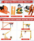 CelyToe Lightweight Wire Rope Hoist With 20 Meter Steel Cable, Dual Remote Plus Onboard Controls, Auto Lock Brake, Safe Electric Lifter For Garage Shop And Home DIY Heavy Lifting Work 220 Volt compatible with manual, electric 4-wheel, and 6-wheel trolleys.