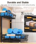 Height Adjustable Two Tier Under Sink Organizer Heavy Duty Storage Rack For Kitchen And Bathroom Cabinets, featuring blue weights and durable steel design.