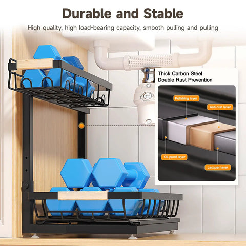 Height Adjustable Two Tier Under Sink Organizer Heavy Duty Storage Rack For Kitchen And Bathroom Cabinets, featuring blue weights and durable steel design.