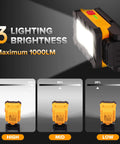 Rechargeable 1000 Lumen LED Magnetic Work Light With 360 Degree Rotation And 200 Degree Swivel Magnetic Base And Hanging Hook Ideal For Car Repair Emergency And Camping Orange with 3 brightness modes shown