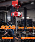 Lightweight Mini Electric Chain Hoist 1100 Lb Capacity with safety latch and swivel hook for garage projects.