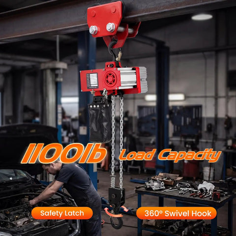 Lightweight Mini Electric Chain Hoist 1100 Lb Capacity with safety latch and swivel hook for garage projects.