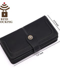 Leather RFID Blocking Womens Wallet With Large Capacity Trifold Design And Wristlet Clutch Card Holder for travel use, dimensions shown