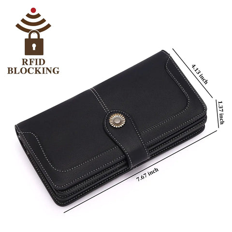 Leather RFID Blocking Womens Wallet With Large Capacity Trifold Design And Wristlet Clutch Card Holder for travel use, dimensions shown