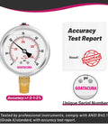 Glycerin Filled Pressure Gauge 0 to 60 Psi, Rugged Two And A Half Inch Dial, stainless steel case, vent valve, accuracy test report