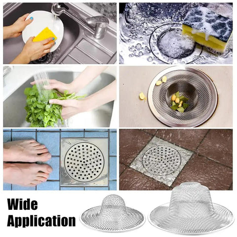 Heavy Duty Stainless Steel Mesh Sink Strainer Set Of Ten, Precision Bottomless Hair And Gunk Catcher Filter For Kitchen Bath Shower And Floor Drains in use.
