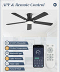 Modern 52 Inch Ceiling Fan With Light And Remote, showing remote control and app features, sleek black design in living space.