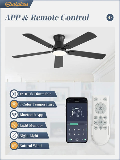 Modern 52 Inch Ceiling Fan With Light And Remote, showing remote control and app features, sleek black design in living space.