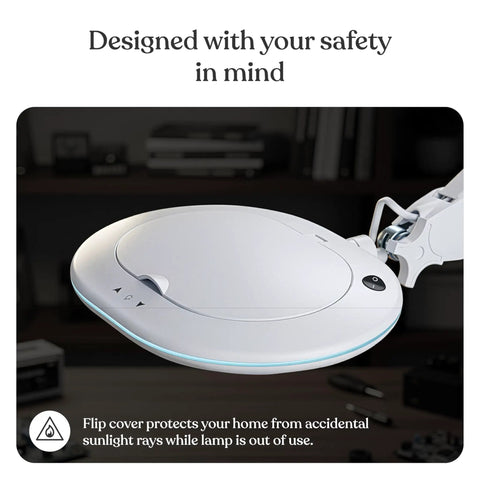 XL Pro Grade Magnifying Desk Lamp with Clamp and LED Light closed flip cover on lamp head for safety