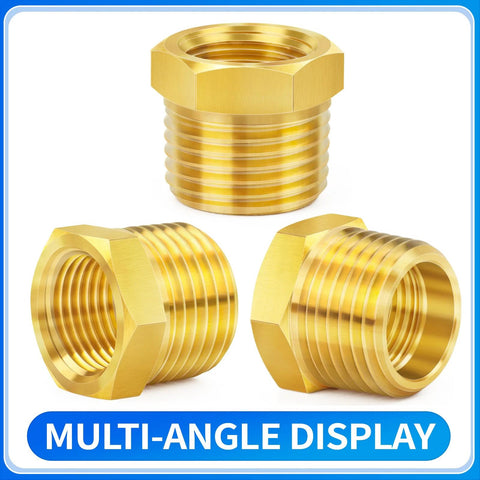 Front and side views of brass pipe reducer hex bushings, 1/2 in NPT male to 1/4 in NPT female, set of three