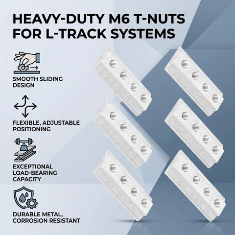 Image of Six Pack M6 L Track T Nuts with Sliding Design for Easy Insertion and Repositioning Along Track in a geometric arrangement.
