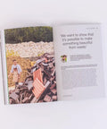 Open book with a page showing an article on waste recycling with Sustainable Materials For Product Design A Practical No Nonsense Guide.