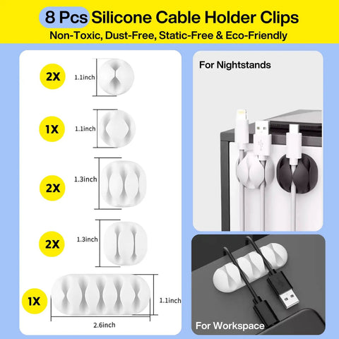 8 silicone cable holder clips for desk and nightstands, non-toxic, dust-free, eco-friendly, various sizes for cable management