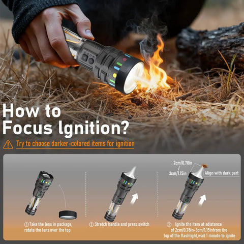 Image demonstrating the Uber Bright Rechargeable LED Flashlight Lantern For Camping And Outdoors, 10000 Lumens in use as fire starter.