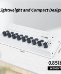 8 Channel Stereo Line Mixer For Sub Mixing With Ultra Low Noise Operation, compact white design on table, dimensions shown.
