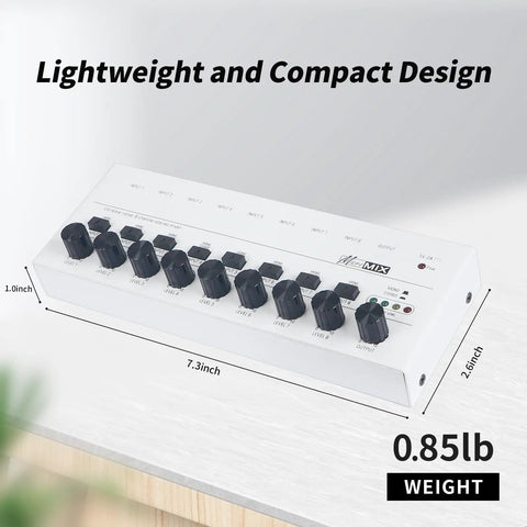 8 Channel Stereo Line Mixer For Sub Mixing With Ultra Low Noise Operation, compact white design on table, dimensions shown.