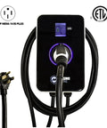 Wall Mount 50 Amp Level 2 EV Charger 12 Kw 240 Volt With Bluetooth And Slick Smart Wifi App Control 23 Foot Cord Durable Frame detail with display and NEMA plug.