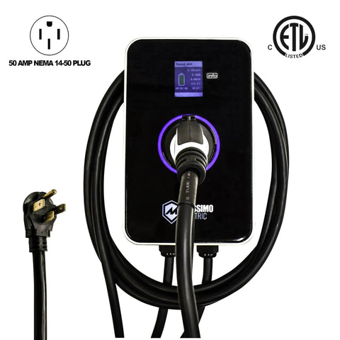 Wall Mount 50 Amp Level 2 EV Charger 12 Kw 240 Volt With Bluetooth And Slick Smart Wifi App Control 23 Foot Cord Durable Frame detail with display and NEMA plug.