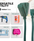 Heavy Duty Power Cord With Triple Tap Three Outlet Adapter, Sixteen Gauge SJTW Cables, Indoor And Outdoor Use, 125 Volt
