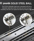 Straight Up Heavy Duty Drawer Slides One Pair With Reinforced Lock 500 Lbs close-up of steel ball and measuring tool showing 500 lbs capacity.