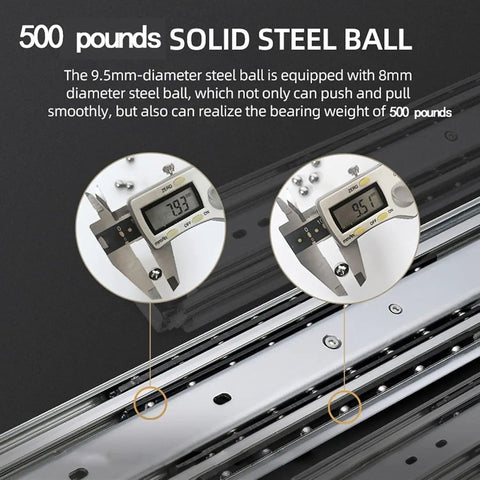 Straight Up Heavy Duty Drawer Slides One Pair With Reinforced Lock 500 Lbs close-up of steel ball and measuring tool showing 500 lbs capacity.