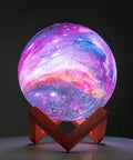 Moon Galaxy Lamp 5.9 Inch With 16 Color LED 3D Moon Light on wooden base, showing purple and pink galaxy pattern.