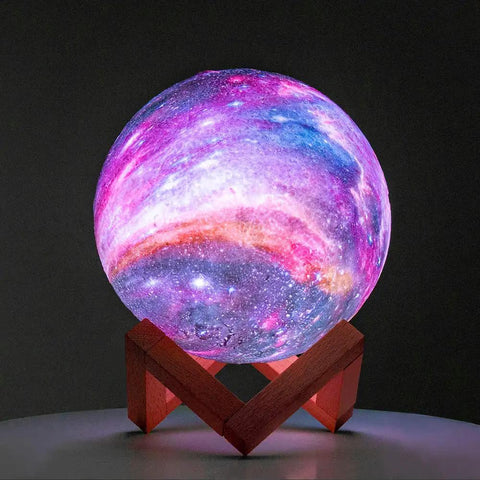 Moon Galaxy Lamp 5.9 Inch With 16 Color LED 3D Moon Light on wooden base, showing purple and pink galaxy pattern.
