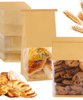 Bread And Cookie Bags With Seal And Window 50 Pack Reusable Bakery Bags With Tin Tie Tabs, filled with bread and cookies, 5.1x3.9x11 inches.