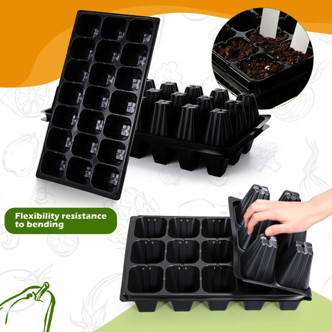 Seed Starter Kit With Dome Trays 21 Cell Plug Trays and 1020 Flat Trays showing flexibility resistance and plant tags.