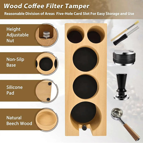 Top Tier Wood Coffee Tamper With Precision Powder Distributor Kit, beech wood espresso station with adjustable nut and silicone pads.