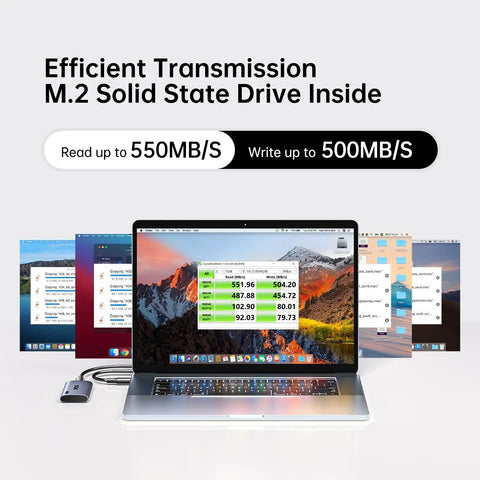 128GB Portable External SSD Drive With Snappy Read And Write Speeds Up To 550 MB Per Second For Quick On The Go Backups, Media, And File Transfers For Laptops, Desktops, And Enthusiast Setups. USB-C SSD with M.2 drive inside, connected to laptop