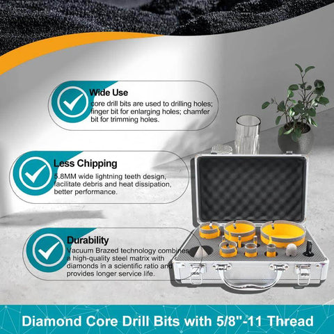 EXFEIN Diamond Tile Hole Saw Kit 12pcs in metal carrying case with yellow diamond core drill bits