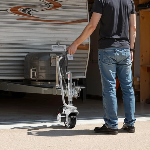 VEVOR Electric Trailer Dolly 5500 Lb Towing Capacity 380W Copper Motorized Jockey Wheel in use with adjustable clamp height.
