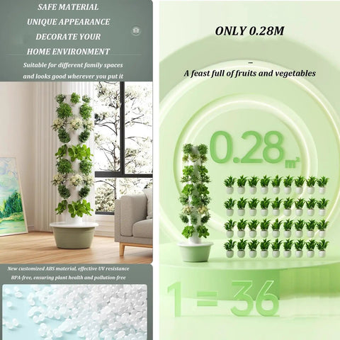 Hydroponics Growing System With LED Grow Light And Hydrating Pump, showing a compact five-floor tower in a living room corner.