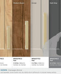 Blackrock Champagne Bronze Cabinet Pull With 6 5/16 Inch Hole Spacing and various wood finishes shown for kitchen and bathroom use.
