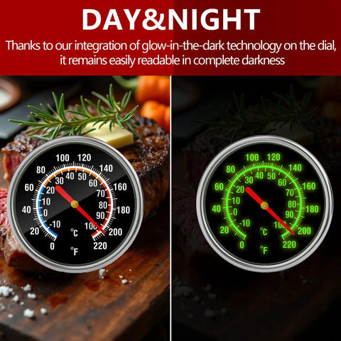 Instant Read Meat Thermometer With Your Go To Five Point Five Inch Stainless Steel Probe And One Point Five Inch Dial For Grilling Steak Chicken Bread Milk Tea And Coffee In The Kitchen showing day and night dial view