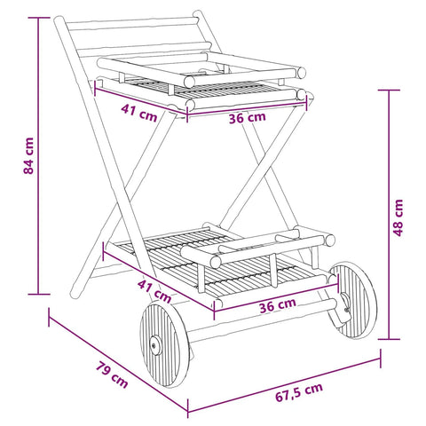 Dimensions of Premium Bamboo Serving Trolley Featuring Slick Smooth Rolling Casters For Easy Room To Room Transit and a Rock Solid Mobile Bar.