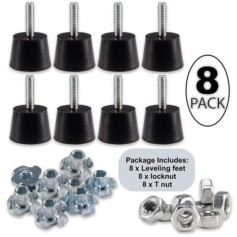 Kick It Up With Dead Simple M6 Thread Furniture Leveling Feet Screw In Adjustable Glides 8 pack black rubber pads and metal nuts.