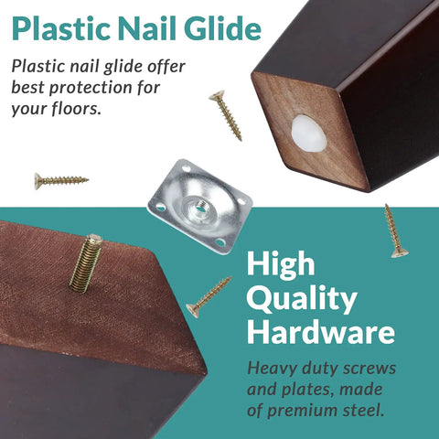 Four Inch Wood Furniture Legs Set Of Four Square Tapered Pyramid Style Replacement Legs with hardware and nail glide