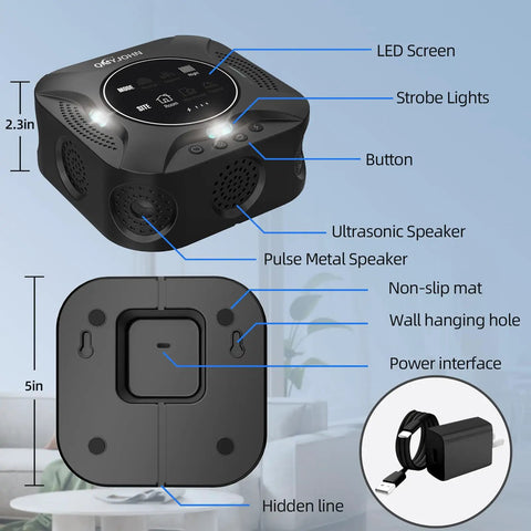 Indoor Ultrasonic Pest Repeller Plug In With Led Strobe Light for Home Use, detailing LED screen, strobe lights, speakers, 5x2.3 inches